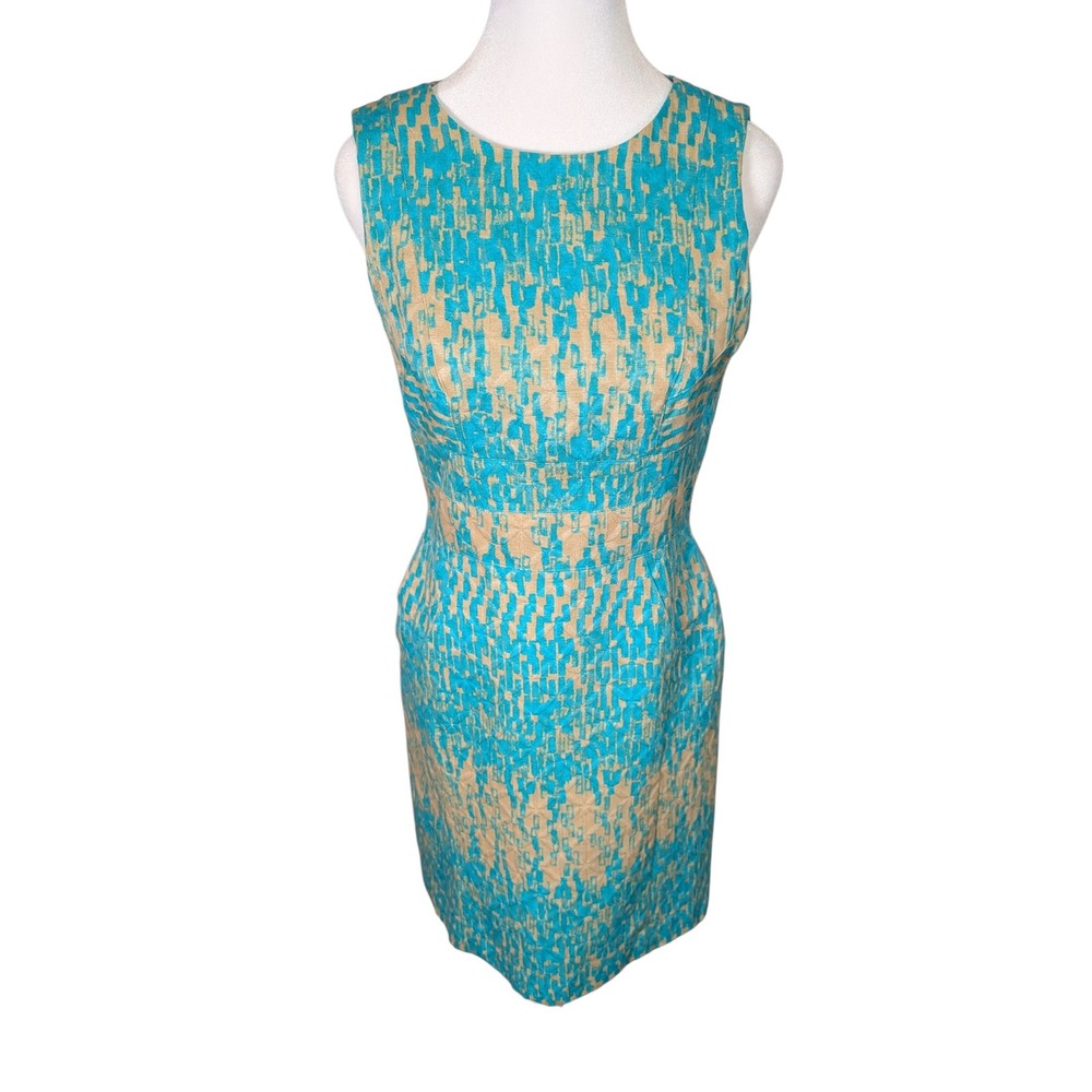 Just Taylor Turquoise Tan Geometric Jacquard Sheath Dress Size 4 Sleeveless Zip
